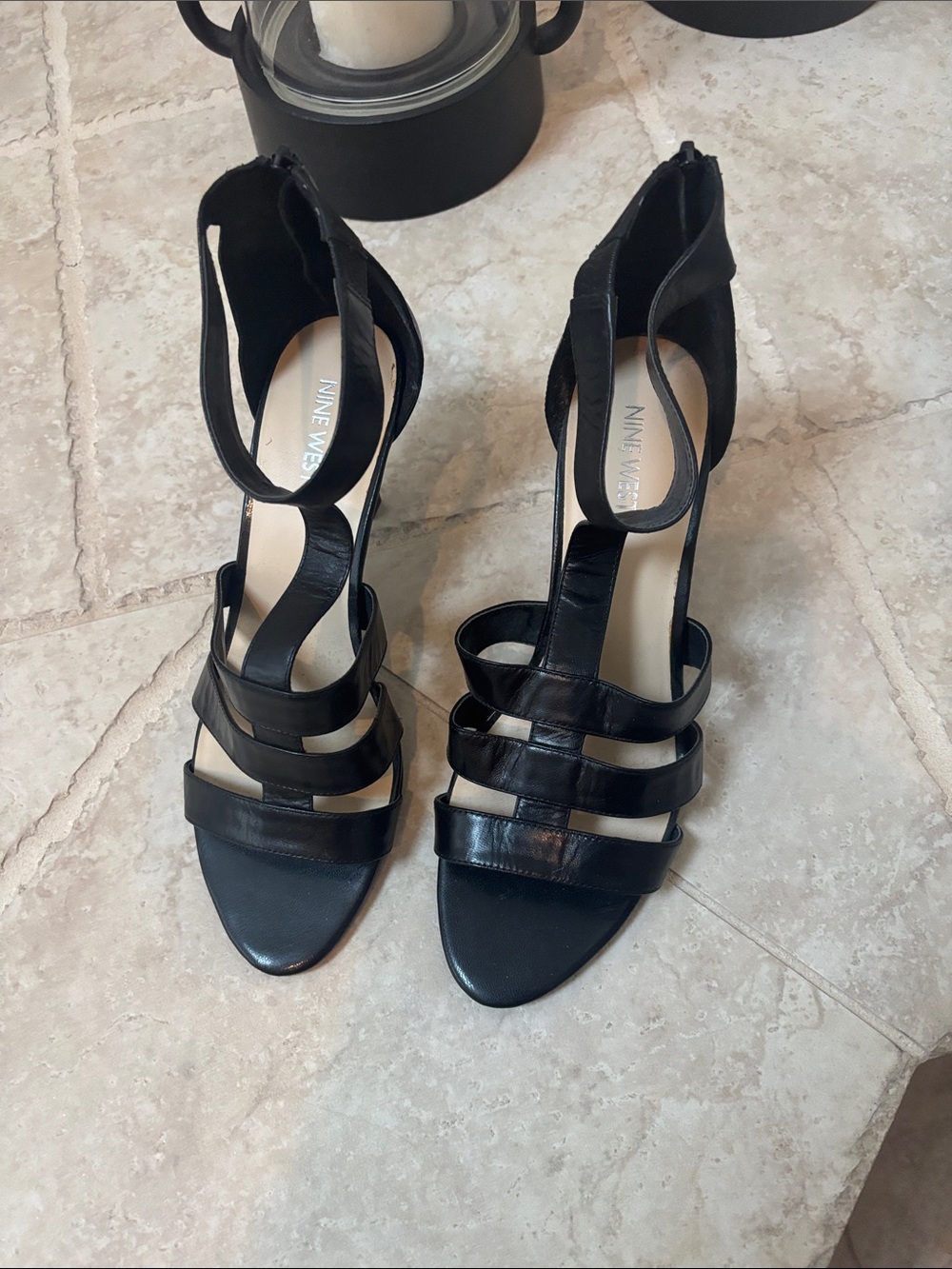 Nine West Black Strappy High Heel Sandals with Ankle Zip